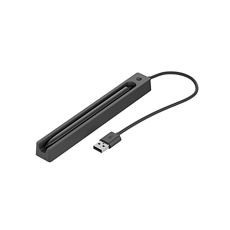 Schwarze HP Eingabestift-Ladestation mit eingelegtem Stift und USB-Kabel auf weißem Hintergrund.