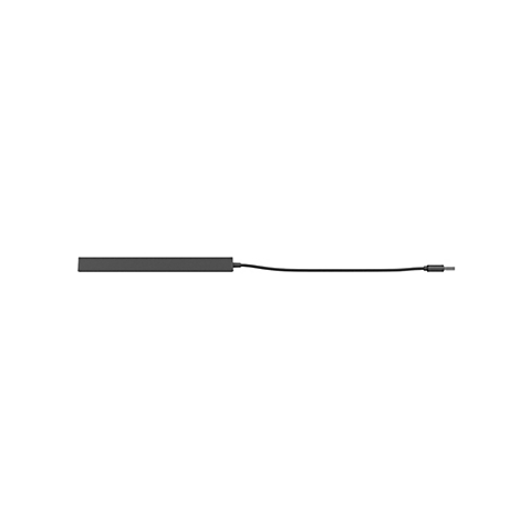 Schwarze, flache USB-C-Dockingstation mit kurzem Kabel auf weißem Hintergrund.
