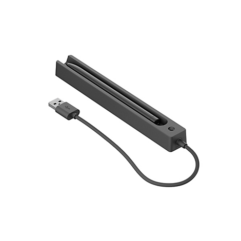 Schwarze HP Eingabestift-Ladestation mit USB-Kabel auf weißem Hintergrund.