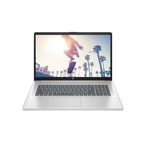 Ein silberner Laptop, auf dessen Bildschirm ein Skateboarder in der Luft vor Palmen zu sehen ist.