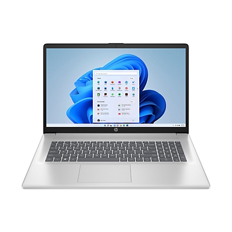Ein silberner HP Laptop mit geöffnetem Bildschirm, der Windows 11 anzeigt. Die Tastatur ist hellgrau, die Tasten dunkelgrau beschriftet. Der Hintergrund ist weiß.