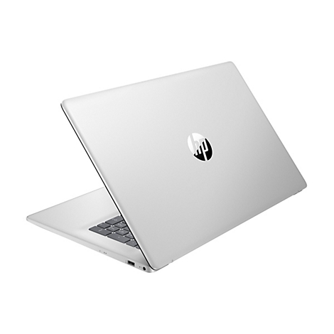 Silberfarbener Laptop im Winkel, HP-Logo auf dem Deckel. Die Tastatur ist zu sehen.