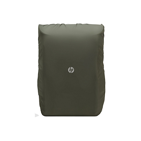 Ein olivgrüner Laptop-Rucksack mit HP-Logo. Der Rucksack steht vor weißem Hintergrund.