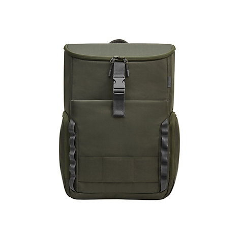 Dunkelgrüner Rucksack mit Reißverschluss und Schnallenverschluss, auf weißem Hintergrund.