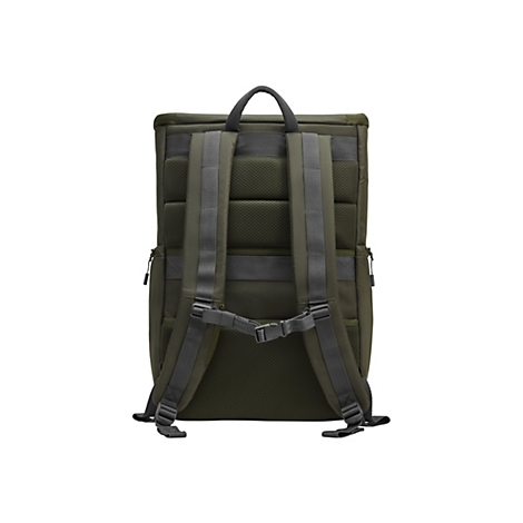 Rucksack von hinten, olivgrün, mit verstellbaren Schultergurten und schwarzem Griff. Netzstruktur am Rücken, graue Schnallen.