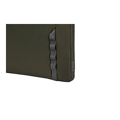 Detailansicht einer olivgrünen Laptoptasche mit einem grauen Gurtband und kleinem HP-Logo am Rand.