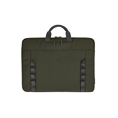 Dunkelgrüne Laptoptasche mit schwarzen Griffen und zwei vertikalen Befestigungsbändern auf hellem Hintergrund.