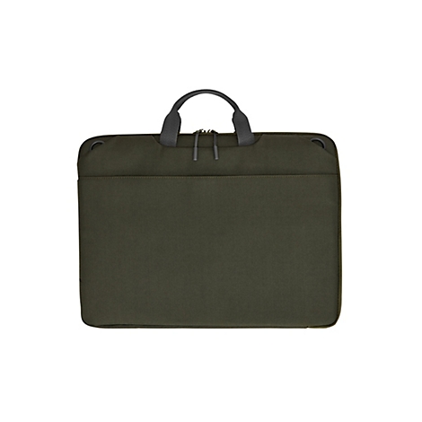 Dunkelgrüne Laptoptasche mit Tragegriffen und Reißverschluss vor weißem Hintergrund.