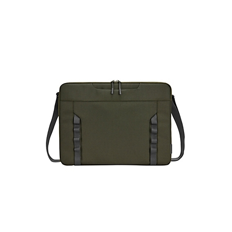 Olivgrüne Laptoptasche mit Schultergurt, Reißverschluss und zwei vertikalen Schlaufenbändern auf weißem Hintergrund.