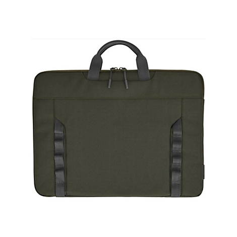 Eine dunkelgrüne Laptoptasche mit schwarzen Griffen und Reißverschluss vor neutralem Hintergrund.