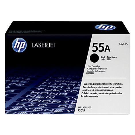 HP 55A zwarte tonercartridge. Zwarte achtergrond, tekst: "LASERJET".