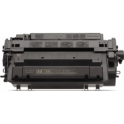 Zwarte printcartridge, HP 55x, met opschrift.