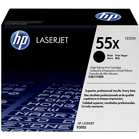 Zwarte HP LaserJet printcartridge, 55x, met productnaam en specificaties.