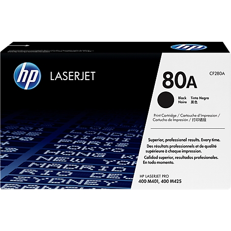 Zwarte HP Laserjet 80A tonercartridge verpakking. De verpakking heeft 'Zwart' en een opsomming van verschillende steden.