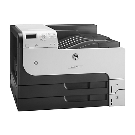 Ein HP LaserJet 700 M712 Drucker, der hauptsächlich in Weiß, Schwarz und Grau gehalten ist. Der Drucker ist in drei Ebenen unterteilt, mit einer Bedienfeldleiste mit Tasten und einem Bildschirm.