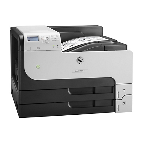 Ein HP LaserJet 700 M712 Drucker. Weißes und schwarzes Design. Auf der Oberseite befindet sich ein Bedienfeld und ein Papierausgabefach.