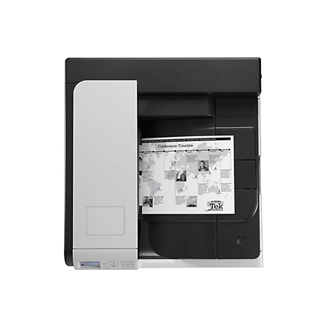 Ein Drucker druckt eine Konferenz-Timeline. Der Drucker ist schwarz-weiß mit einer Reihe von Tasten. Das ausgedruckte Papier zeigt eine Weltkarte mit verschiedenen Orten und Informationen.