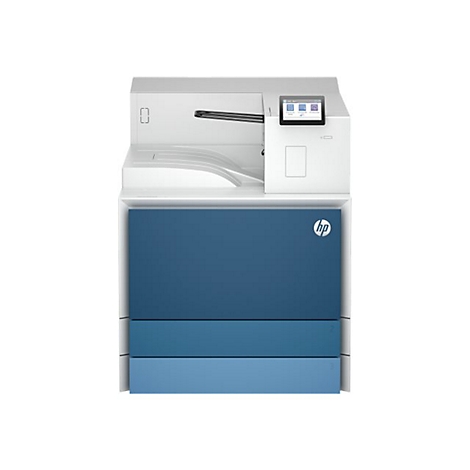 Ein weiß-blauer Drucker mit Bedienfeld und HP Logo. Das Design wirkt modern.