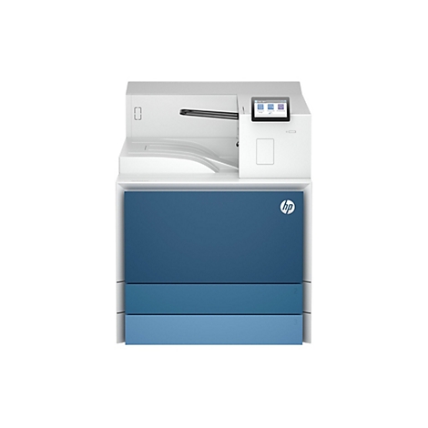 Ein weißer HP-Multifunktionsdrucker. Auf dem Bedienfeld befinden sich Symbole: Drucken, USB, JetAdvantage. Das blaue Gehäuse ist mit dem HP-Logo versehen.
