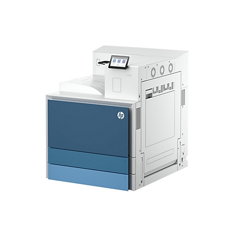 Ein großer, weiß-blauer Drucker mit Touchscreen. HP-Logo.