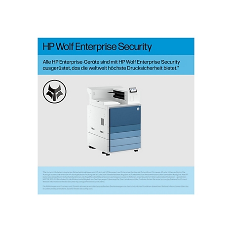 Ein großer, blauer Drucker mit mehreren Schubladen steht vor einem hellgrauen Hintergrund. Oben befindet sich ein kleines Bedienfeld. Der Titel lautet „HP Wolf Enterprise Security“.