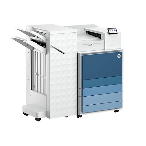 Ein großer, weißer Drucker mit blauen Schubladen und HP-Logo. Mehrere Klappen sind geöffnet.