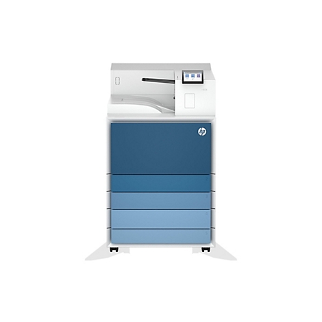 Ein großer, weißer Drucker mit blau-gestreiften Schubladen. Oben befindet sich ein Touchscreen-Bedienfeld.