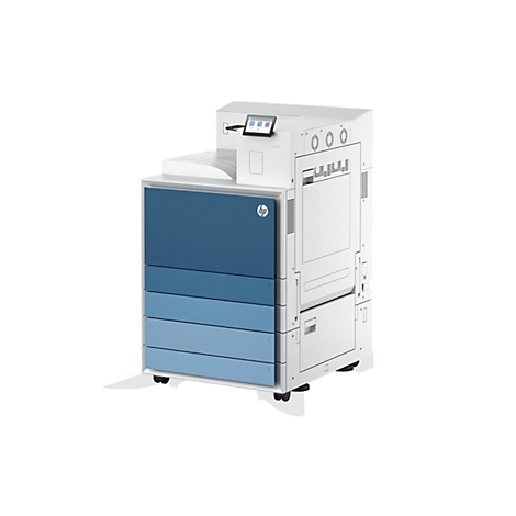 Ein großer, weiß-blauer HP-Multifunktionsdrucker vor weißem Hintergrund. Der Drucker hat einen Touchscreen und das HP-Logo.