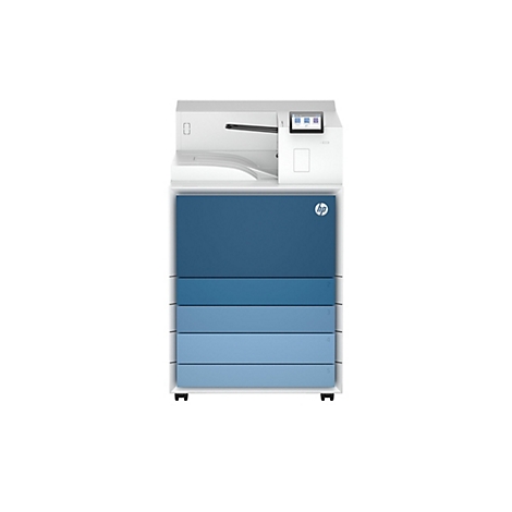 Großer weißer Drucker mit blauem Gehäuse und HP-Logo. Auf dem Touchscreen ist ein Menü zu sehen.