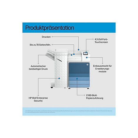 Ein Drucker mit weißem Gehäuse wird in einer Produktpräsentation gezeigt, mit Hervorhebung von Funktionen wie beidseitigem Druck, 4,3-Zoll-Touchscreen und HP Wolf Enterprise Security.