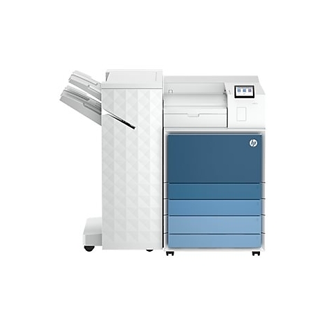 Ein großer, weißer Drucker mit blau-gestuften Schubladen und Touchscreen. Das HP-Logo ist sichtbar.