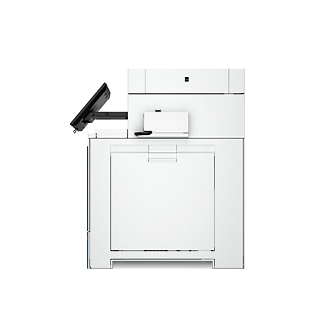 Ein weißer Multifunktionsdrucker, mit einem schwarzen Bildschirm und einem Papierausgabefach.