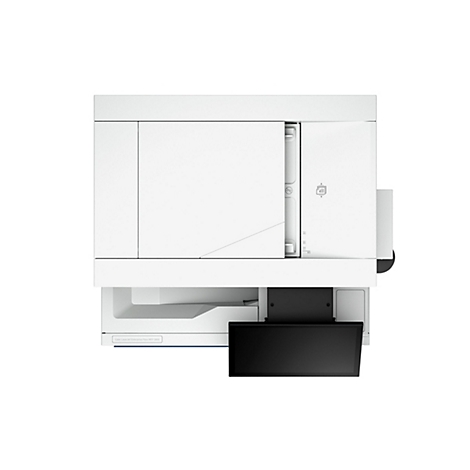 Draufsicht auf einen weißen Drucker mit schwarzem Touchscreen. Auf der Oberfläche sind Symbole und Schriftzüge zu sehen.