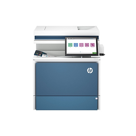 Ein weiß-blaues HP-Multifunktionsgerät mit Touchscreen. Auf dem Bildschirm sind Optionen wie Kopieren, Drucken und Scannen zu sehen. Oben links das HP-Logo.