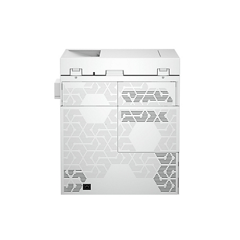 Ein weißer Drucker mit geometrischem Muster auf einer weißen Oberfläche. Der Drucker ist von vorne abgebildet.