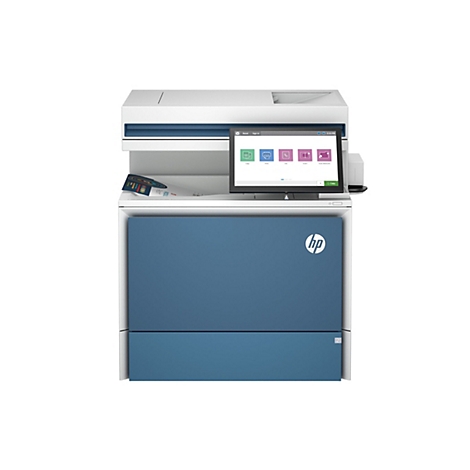 Blauer HP-Multifunktionsdrucker, mit Bildschirm und Bedienfeld. Oben liegt ein Ausdruck. Auf dem Bildschirm werden Optionen zum Kopieren, Drucken, Faxen und Scannen angezeigt.