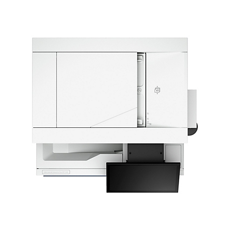 Ein weißer Drucker, von oben fotografiert. Ein schwarzes Display, Papierauswurf und Papierfach sind sichtbar.