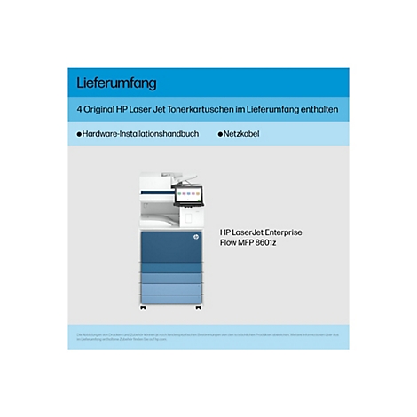 Ein HP LaserJet Enterprise Flow MFP 8601z Drucker. Im Lieferumfang enthalten: 4 Tonerkartuschen, Netzkabel, Handbuch.