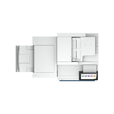 Ein weißer Drucker vor weißem Hintergrund. Auf dem Touchscreen werden Funktionen angezeigt.