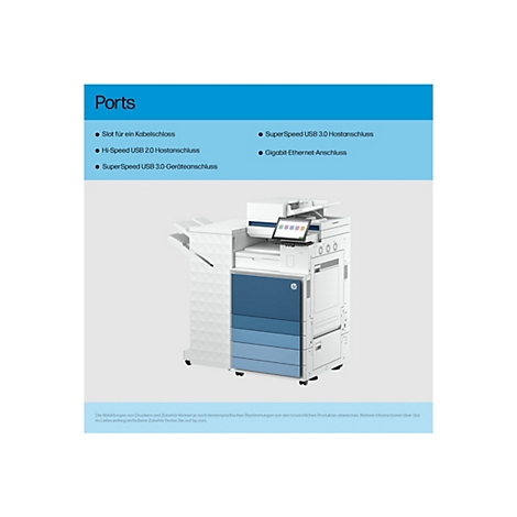 Ein großer, weiß-blauer Drucker mit Touchscreen. Im oberen Bereich befindet sich ein blauer Balken mit der Aufschrift "Ports" und einer Liste von Anschlüssen.