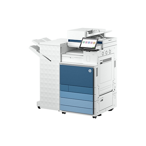 Ein weißer HP-Multifunktionsdrucker mit blauem Akzent, der auf weißem Hintergrund steht.