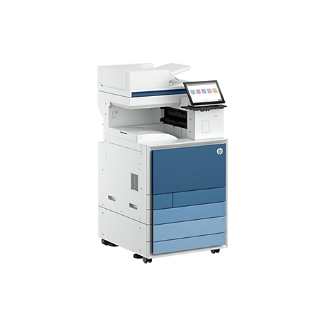 Ein weißer Drucker mit blauem Akzent, Touchscreen und dem HP-Logo. Schubladen sind nummeriert.