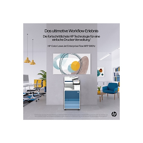Ein Büro mit HP Color LaserJet Enterprise Flow MFP 8801z Drucker. Im Hintergrund ein abstraktes Wandbild.