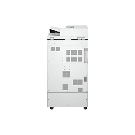 Ein weißer Multifunktionsdrucker, von vorne fotografiert. Er steht auf Rollen und hat Lüftungsschlitze.