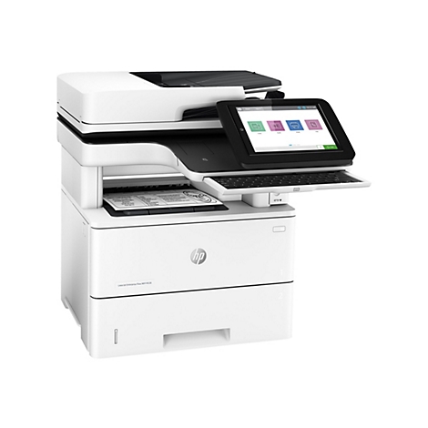 Weißer HP Laserdrucker mit Touchscreen, Tastatur und Papiereinzug. Auf dem Display werden Optionen wie Kopieren, Scannen, Drucken und Faxen angezeigt. Auf einem Blatt Papier steht „Survey Completed or“. 