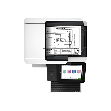 Ein Schwarzweiß-Grundstücksplan, der von einem Drucker ausgegeben wird, wird von einem Multifunktionsgerät mit Touchscreen angezeigt. Auf dem Bildschirm werden die Funktionen Kopieren, Scannen, Drucken und Faxen angezeigt.