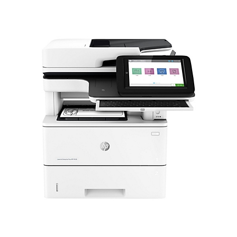 Ein weißer HP-Multifunktionsdrucker mit großem Touchscreen und Tastatur. Auf dem Bildschirm sind Optionen für Kopieren, Scannen, Drucken und Faxen zu sehen. Darunter befindet sich das HP Logo.