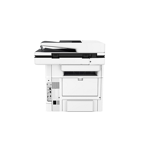 Ein weißer Multifunktionsdrucker auf weißem Hintergrund. Die obere Abdeckung ist schwarz. Seitlich befinden sich Anschlüsse.