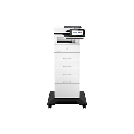 Weißer HP Laserdrucker mit Touchscreen und Papierfächern auf schwarzer Basis.