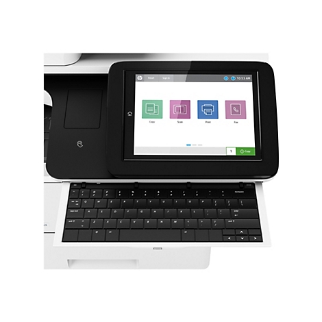 Ein Multifunktionsdrucker mit Touchscreen-Bedienfeld und Tastatur. Auf dem Bildschirm werden Optionen wie Kopieren, Scannen, Drucken und Faxen angezeigt.